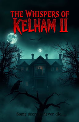 A chilling horror movie poster design for 'The Whispers of Kelham II', featuring a spooky, abandoned mansion shrouded in fog, surrounded by dark, eerie trees