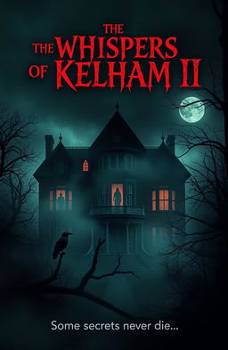 A chilling horror movie poster design for 'The Whispers of Kelham II', featuring a spooky, abandoned mansion shrouded in fog, surrounded by dark, eerie trees