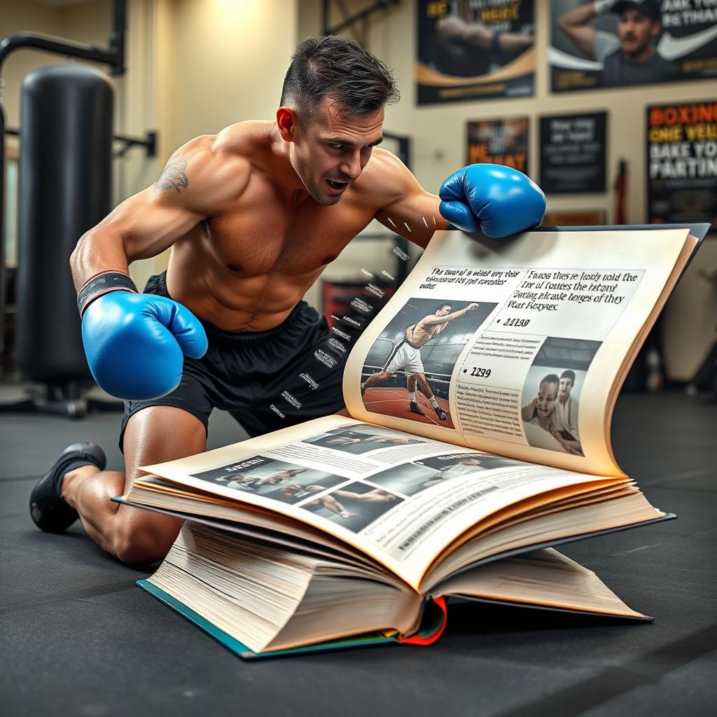 A whimsical and humorous image of a boxer energetically hitting a giant book as if it were a heavy bag in a training session