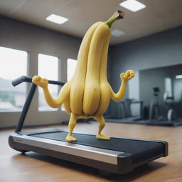 A surreal image of a real banana with animated limbs, running on a treadmill inside a highly-detailed gym.