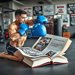 A whimsical and humorous image of a boxer energetically hitting a giant book as if it were a heavy bag in a training session