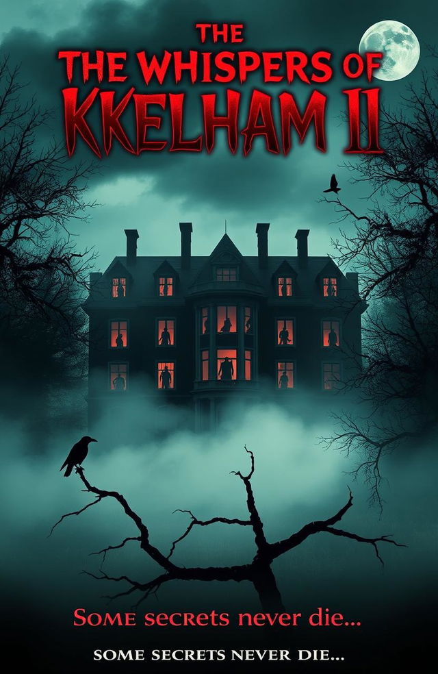 A chilling horror movie poster design for 'The Whispers of Kelham II', featuring a spooky, abandoned mansion shrouded in fog, surrounded by dark, eerie trees