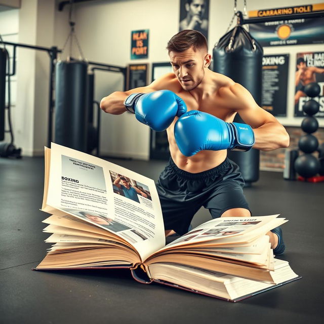 A whimsical and humorous image of a boxer energetically hitting a giant book as if it were a heavy bag in a training session