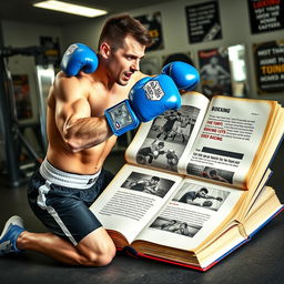 A whimsical and humorous image of a boxer energetically hitting a giant book as if it were a heavy bag in a training session