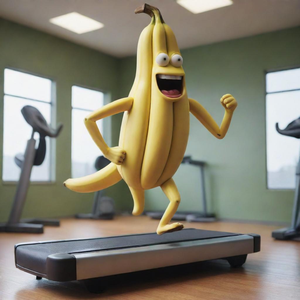 A surreal image of a real banana with animated limbs, running on a treadmill inside a highly-detailed gym.