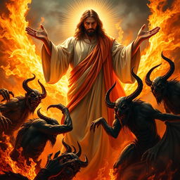 A realistic portrayal of a powerful, glorious, and strong figure of Jesus, surrounded by flames that radiate intensity and divine strength