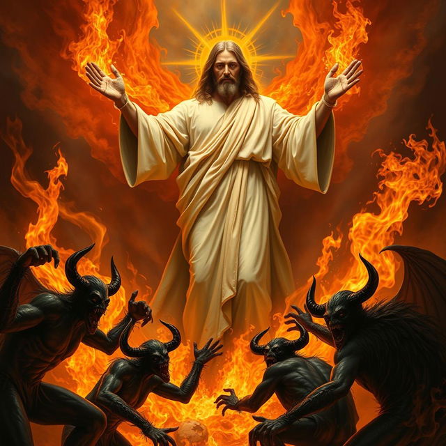 A realistic portrayal of a powerful, glorious, and strong figure of Jesus, surrounded by flames that radiate intensity and divine strength