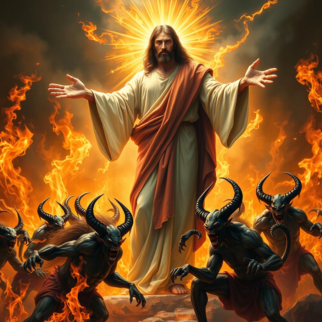 A realistic portrayal of a powerful, glorious, and strong figure of Jesus, surrounded by flames that radiate intensity and divine strength