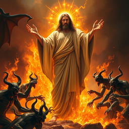 A realistic portrayal of a powerful, glorious, and strong figure of Jesus, surrounded by flames that radiate intensity and divine strength