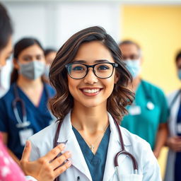 A young woman with wavy dark hair and fair skin, wearing glasses, confidently caring for patients with a team of medical professionals