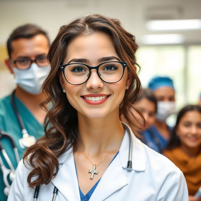 A young woman with wavy dark hair and fair skin, wearing glasses, confidently caring for patients with a team of medical professionals