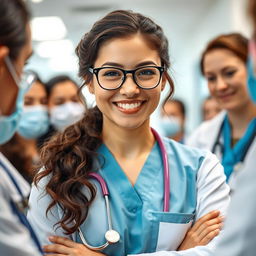 A young woman with wavy dark hair and fair skin, wearing glasses, confidently caring for patients with a team of medical professionals