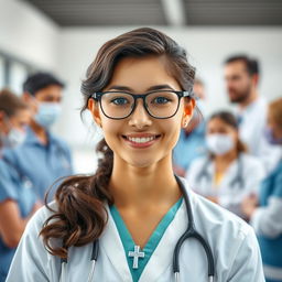 A young woman with wavy dark hair and fair skin, wearing glasses, confidently caring for patients with a team of medical professionals