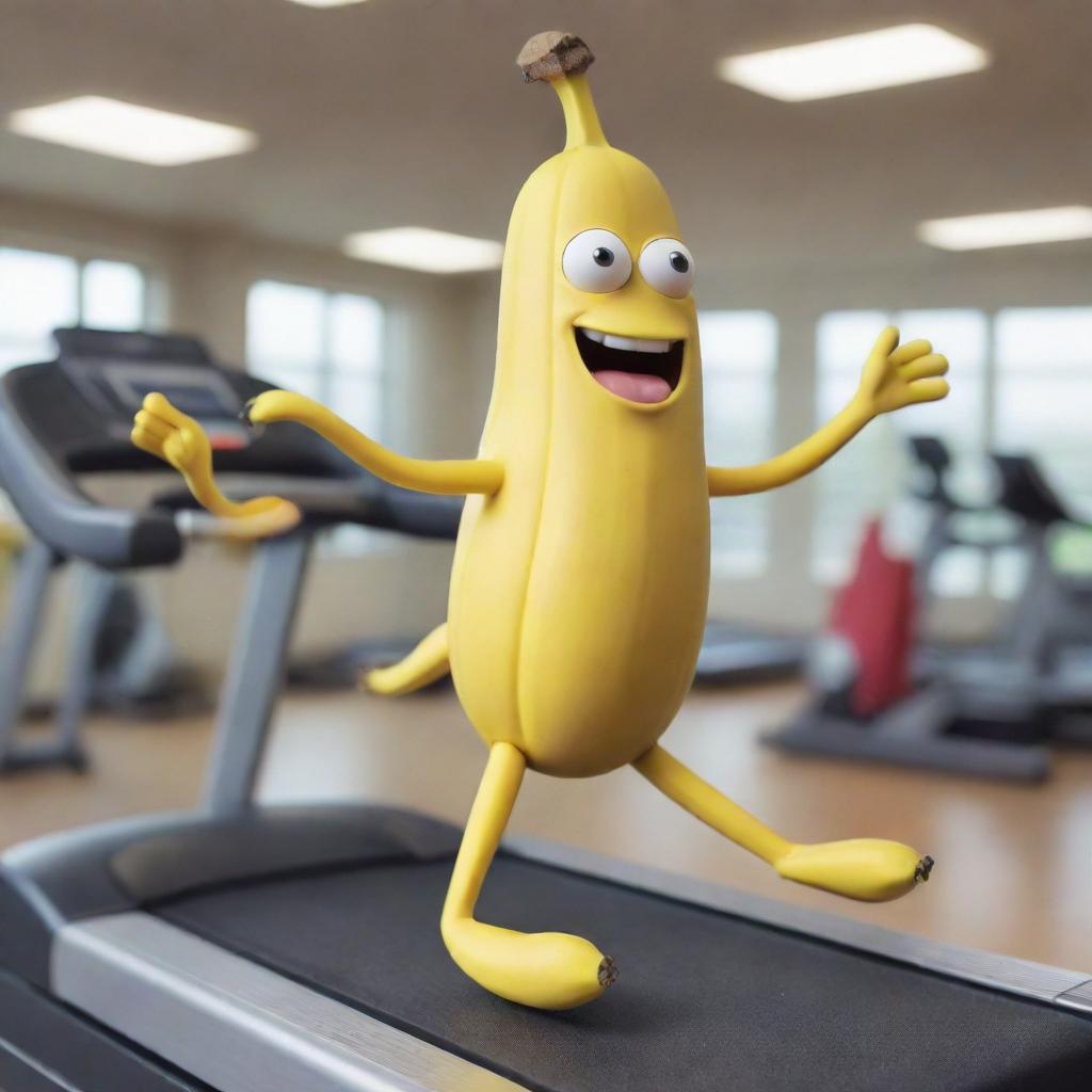 A humorous image of a real banana with animated legs, running on a treadmill in a gym.