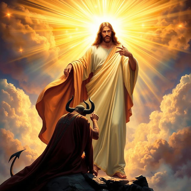 A majestic and powerful depiction of a beautiful and glorious Jesus Christ, radiating divine light, dressed in flowing robes that symbolize power and authority