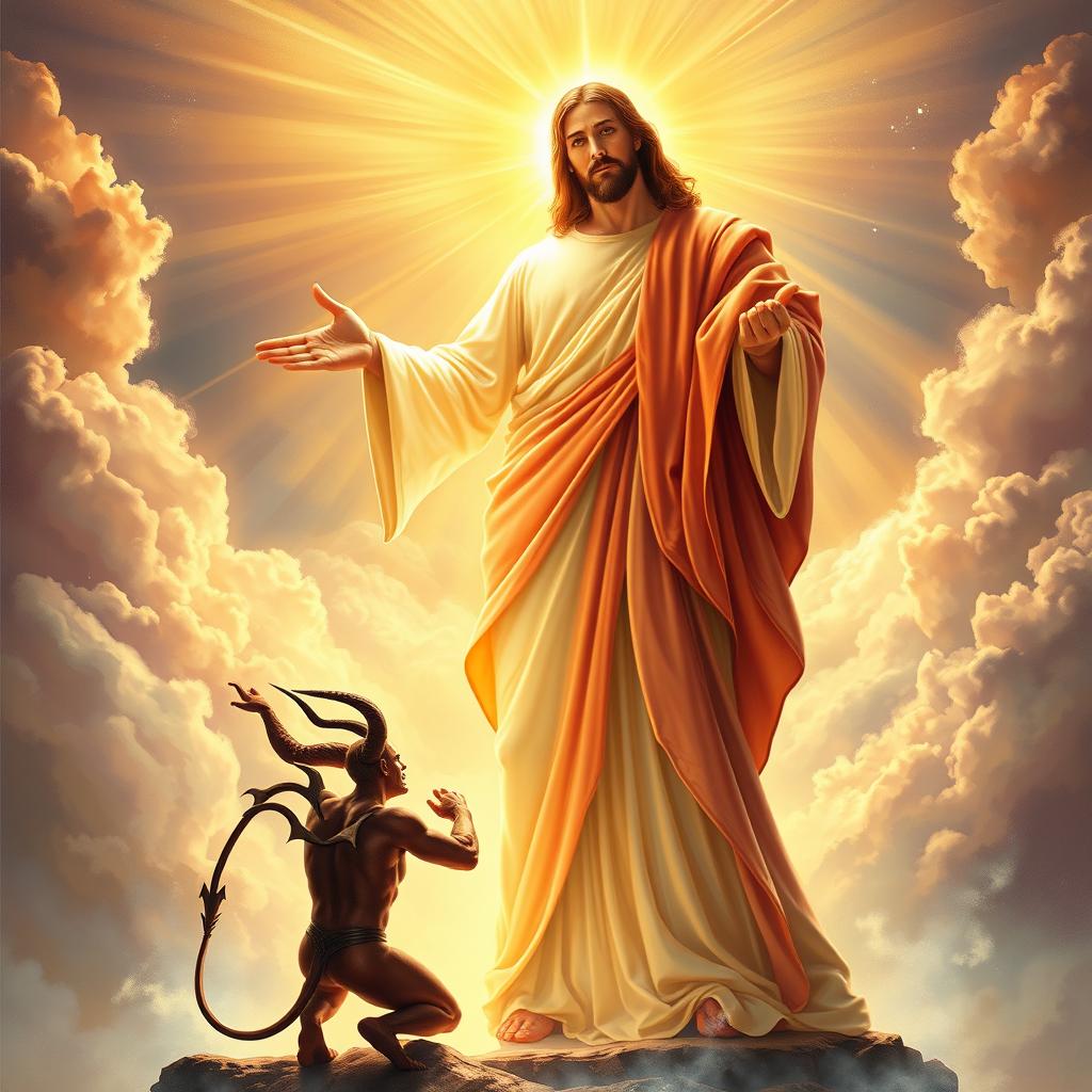 A majestic and powerful depiction of a beautiful and glorious Jesus Christ, radiating divine light, dressed in flowing robes that symbolize power and authority