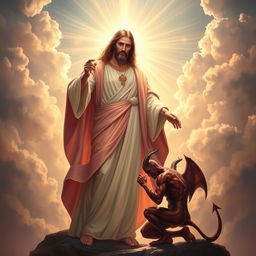 A majestic and powerful depiction of a beautiful and glorious Jesus Christ, radiating divine light, dressed in flowing robes that symbolize power and authority