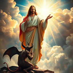 A majestic and powerful depiction of a beautiful and glorious Jesus Christ, radiating divine light, dressed in flowing robes that symbolize power and authority