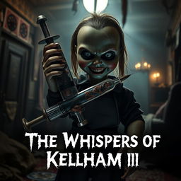 A terrifying scene from a horror movie titled 'The Whispers of Kelham III'