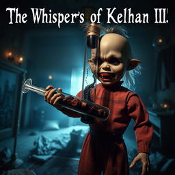 A terrifying scene from a horror movie titled 'The Whispers of Kelham III'