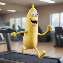 A humorous image of a real banana with animated legs, running on a treadmill in a gym.