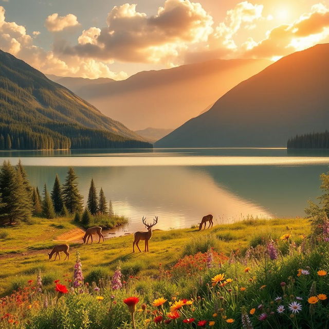 A serene landscape featuring a tranquil lake surrounded by lush green forests and majestic mountains in the background