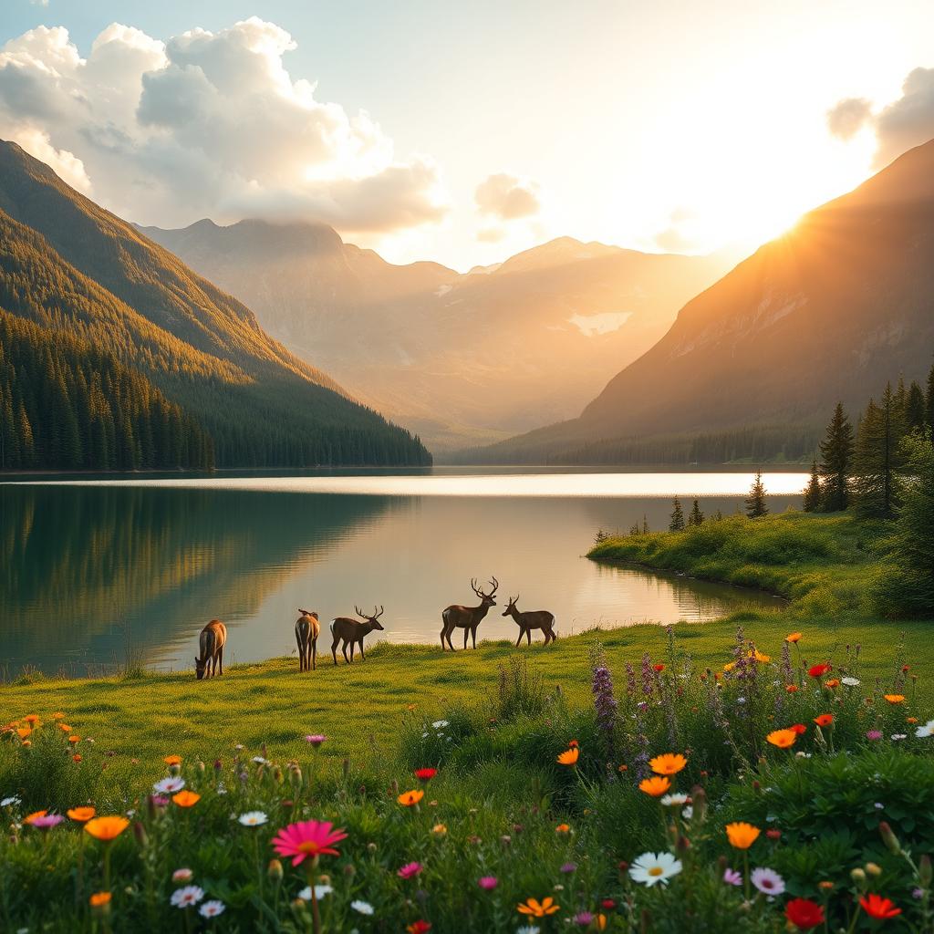 A serene landscape featuring a tranquil lake surrounded by lush green forests and majestic mountains in the background