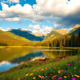 A serene landscape featuring a tranquil lake surrounded by lush green forests and majestic mountains in the background
