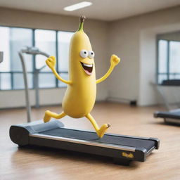 A humorous image of a real banana with animated legs, running on a treadmill in a gym.