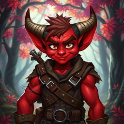A red tiefling character with medium-sized muscles, showcasing a unique feature of one broken horn