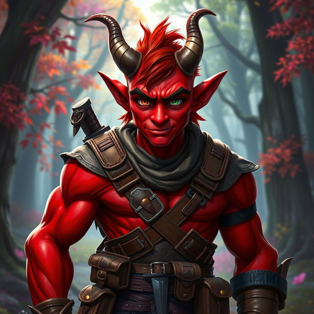 A red tiefling character with medium-sized muscles, showcasing a unique feature of one broken horn