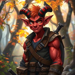 A red tiefling character with medium-sized muscles, showcasing a unique feature of one broken horn