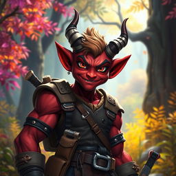 A red tiefling character with medium-sized muscles, showcasing a unique feature of one broken horn
