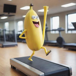 A humorous image of a real banana with animated legs, running on a treadmill in a gym.