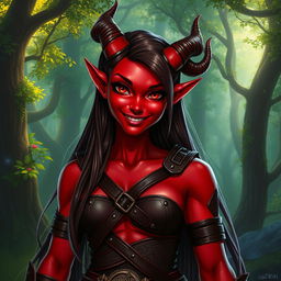 A red female tiefling with medium-sized muscles, showcasing one broken horn on the right side of her head