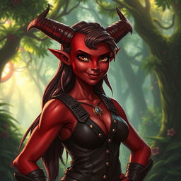 A red female tiefling with medium-sized muscles, showcasing one broken horn on the right side of her head