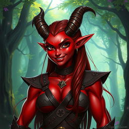 A red female tiefling with medium-sized muscles, showcasing one broken horn on the right side of her head