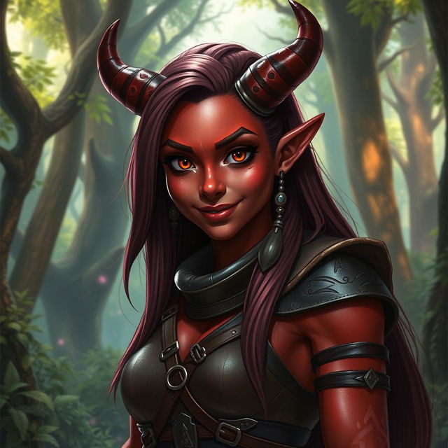 A red female tiefling with medium-sized muscles, showcasing one broken horn on the right side of her head