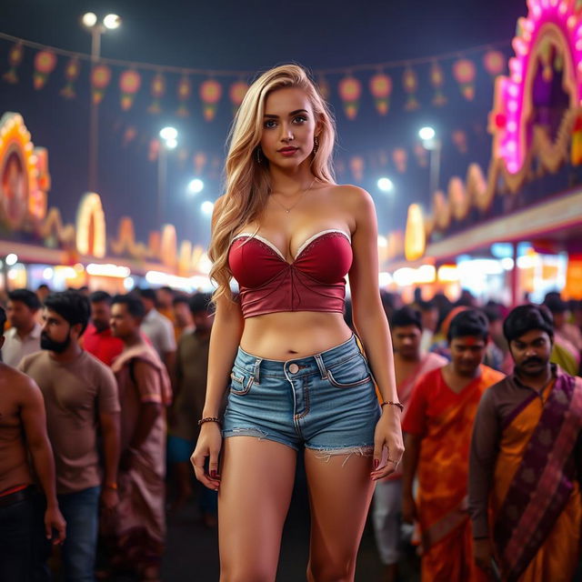 A beautiful busty blonde woman with big cleavage and sexy legs, wearing a tight strapless top and small denim shorts