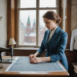 A skillful seamstress gracefully sews a bespoke suit in a vintage workshop with elements of Moscow's iconic architecture visible through the window