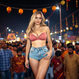 A beautiful busty blonde woman with big cleavage and sexy legs, wearing a tight strapless top and small denim shorts