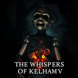 An eerie scene from a horror movie titled 'The Whispers of Kelham V'