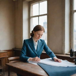 A skillful seamstress gracefully sews a bespoke suit in a vintage workshop with elements of Moscow's iconic architecture visible through the window