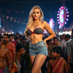 A busty blonde woman with big cleavage and sexy legs, wearing a tight strapless bikini top and very small denim shorts
