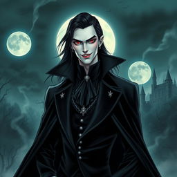 A striking vampire character design for a gothic novel cover, featuring a tall, elegant figure with pale skin and sharp, refined features