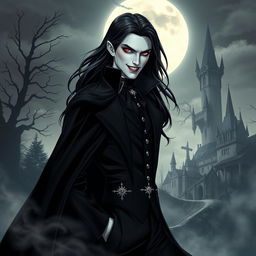 A striking vampire character design for a gothic novel cover, featuring a tall, elegant figure with pale skin and sharp, refined features