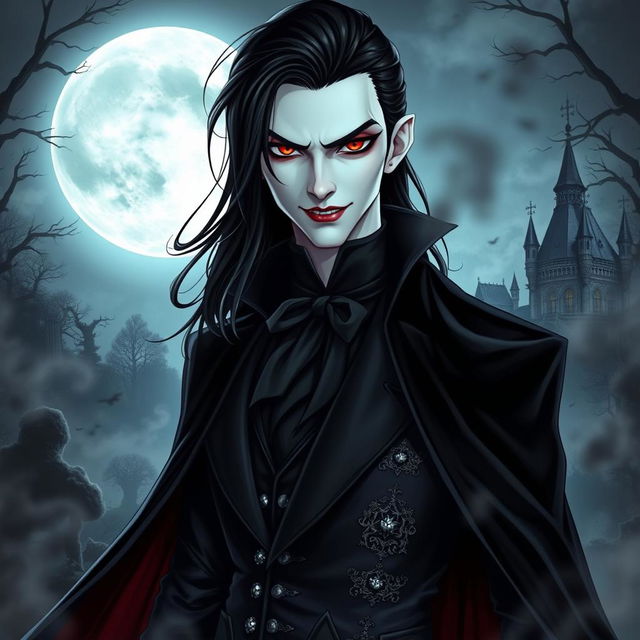 A striking vampire character design for a gothic novel cover, featuring a tall, elegant figure with pale skin and sharp, refined features