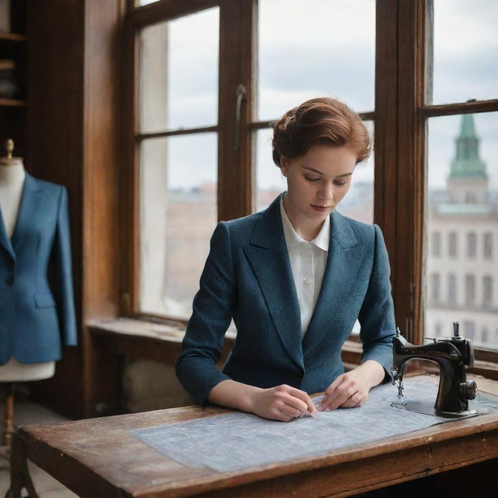 A skillful seamstress gracefully sews a bespoke suit in a vintage workshop with elements of Moscow's iconic architecture visible through the window