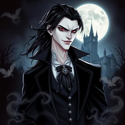 A striking vampire character design for a gothic novel cover, featuring a tall, elegant figure with pale skin and sharp, refined features