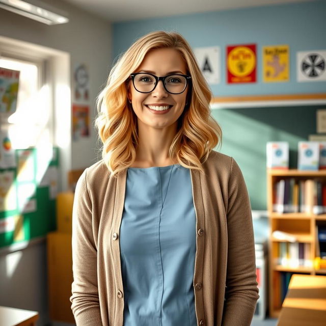 A 32-year-old blonde female German teacher standing in a classroom